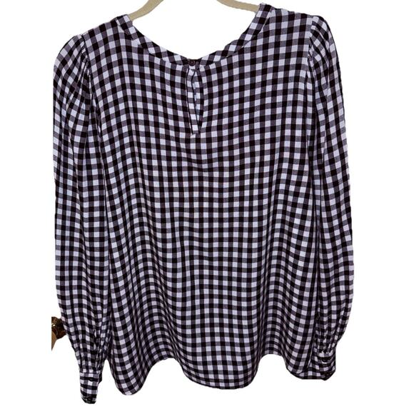 LOFT Women’s Sz L Black/White Check 100% Rayon Long Sleeve Keyhole Blouse - Picture 4 of 11